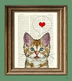 Cat Print Art I LOVE YOU Kitten kitty cat beautifully upcycled vintage dictionary page book art print