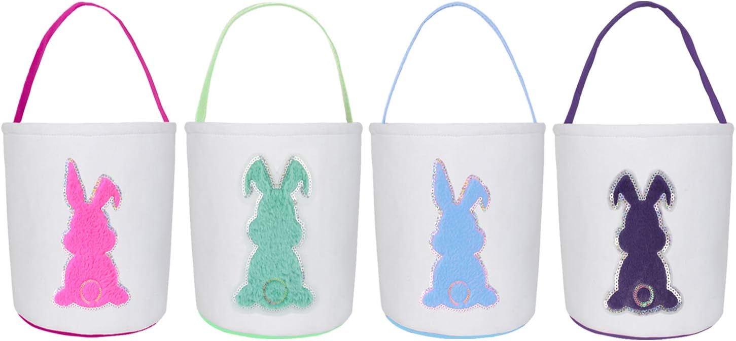 KEFAN 4 Pack Easter Bunny Baskets Canvas Easter Tote Bags for Kid's Egg Hunting