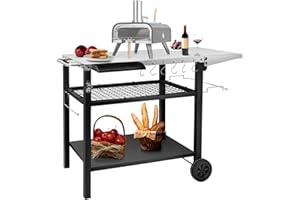 EDOSTORY Outdoor Grill Cart Pizza Oven Stand, Three-Shelf Stainless Steel Food Prep Table Patio BBQ Grill Table Bar Cart Kitchen Island with Wheels