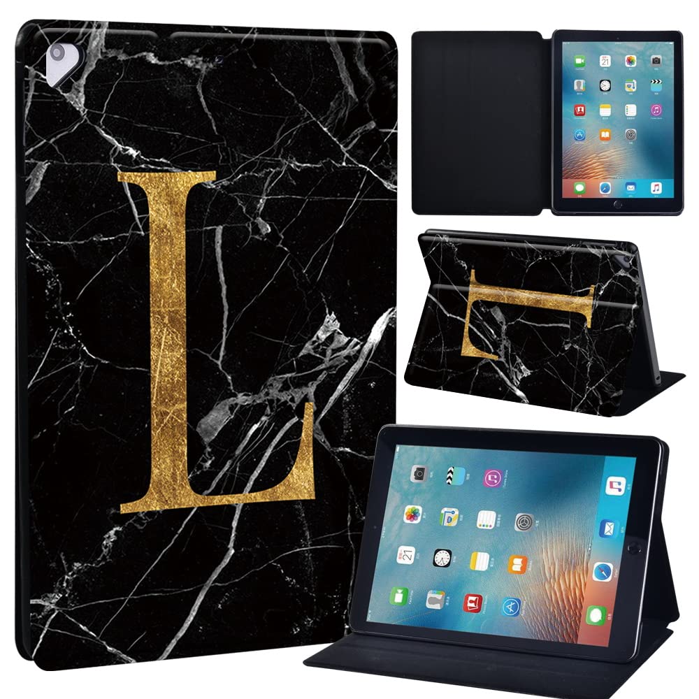 Initial Letter Leather slim lightweight Stand Cover Case for Apple New iPad 9.7 2018 2017(6th Gen, 5th Gen)/iPad Air 2/iPad Air/iPad Pro 9.7 Tablet with Auto Wake/Sleep (blackmarbleL)