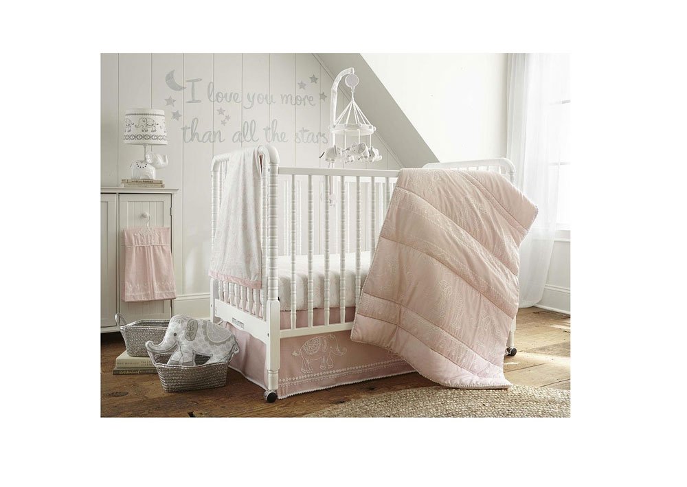 Levtex Baby Baby Ely Pink 5 Piece Crib Bedding Set, Quilt, 100% Cotton Crib Fitted Sheet, Dust Ruffle, Diaper Stacker and Large Wall Decals