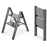 WOA WOA 2 Step Ladder, Foldable Step Stool, 300lbs Load, Black | Folded 27''H x 2''T; Net 6.6 lbs; Rigid Aluminum Steps; No Assembly; For Home, Kitchen, Office, Pantry, Closets, Cabinets