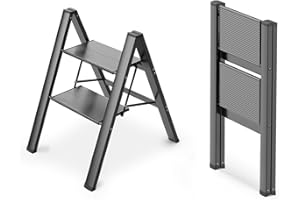 WOA WOA 2 Step Ladder, Foldable Step Stool, Aluminum Lightweight Ladder for Home Kitchen Closet, Anti-Slip Pedals, Ease of Folding, Portable, 300lbs Capacity - Black