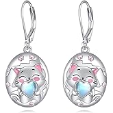 Cat Earrings for Women 925 Sterling Silver Black Cat Earrings Leverback Moonstone Earrings Cat Jewelry Gifts