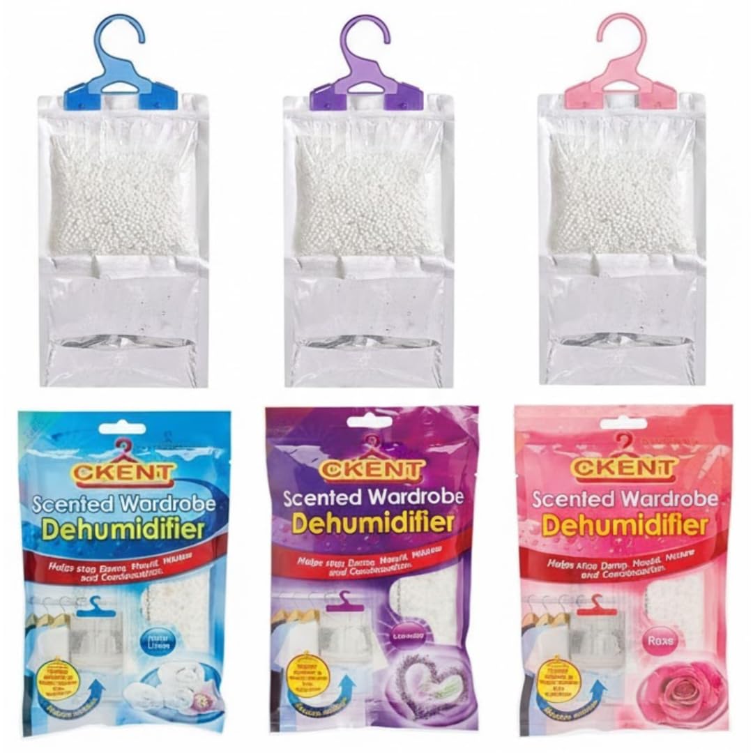 CKENT Hanging Wardrobe Dehumidifier Bags – Pack of 3 Scented Moisture Absorbers for Damp, Mould & Condensation Control (Rose, Lavender & Fresh Linen) – Cupboard & Wardrobe Dehumidifiers