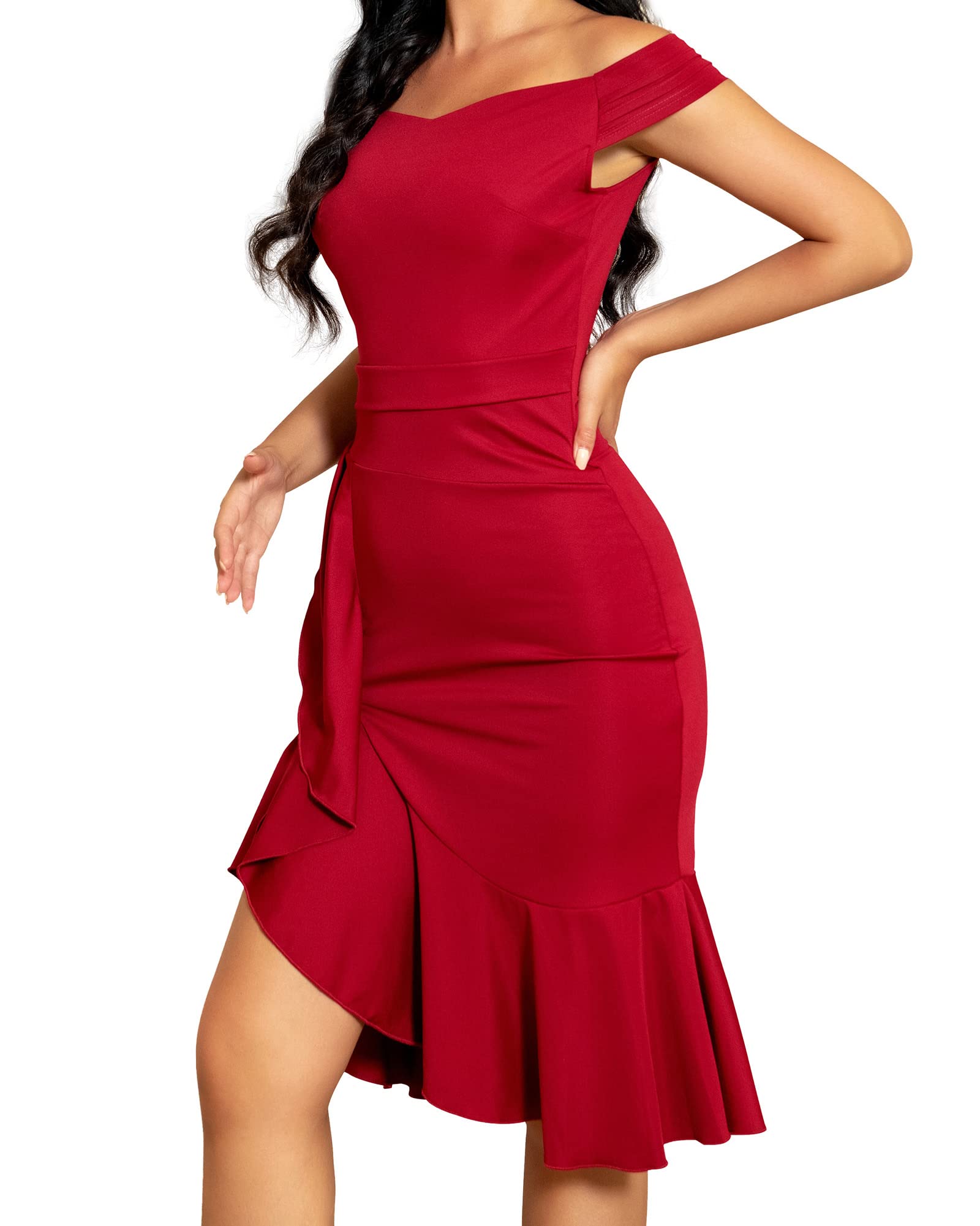 Flybony Women's Off Shoulder Pleat Waist Bodycon Dress V-Neck Ruffle ...
