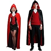 Evankin Unisex Halloween Cape with Hood, 59Inch Black&Red Hooded Cloak for Adult, Witch Vampires Cosplay Party Costumes