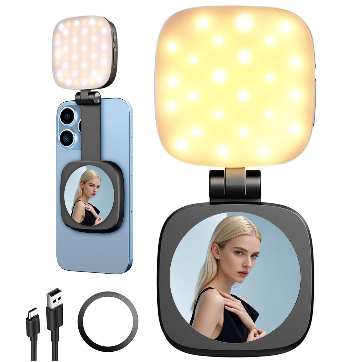 Photo 1 of yAyusi Magnetic Selfie Light for iPhone with Mirror, Retractable Foldable Pocket Size Portable Mini Ring Light for Phone, Dimmable Fill LED Phone Light for Video Recording/Live Streaming/Makeup/Vlog