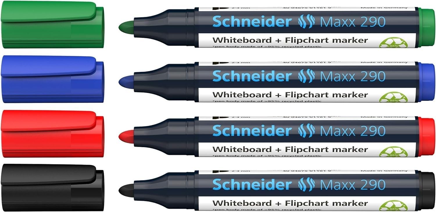 Schneider Maxx 290 Board & Flipchart Marker Pens Wallet of 4 - Black/Red/Blue/Green