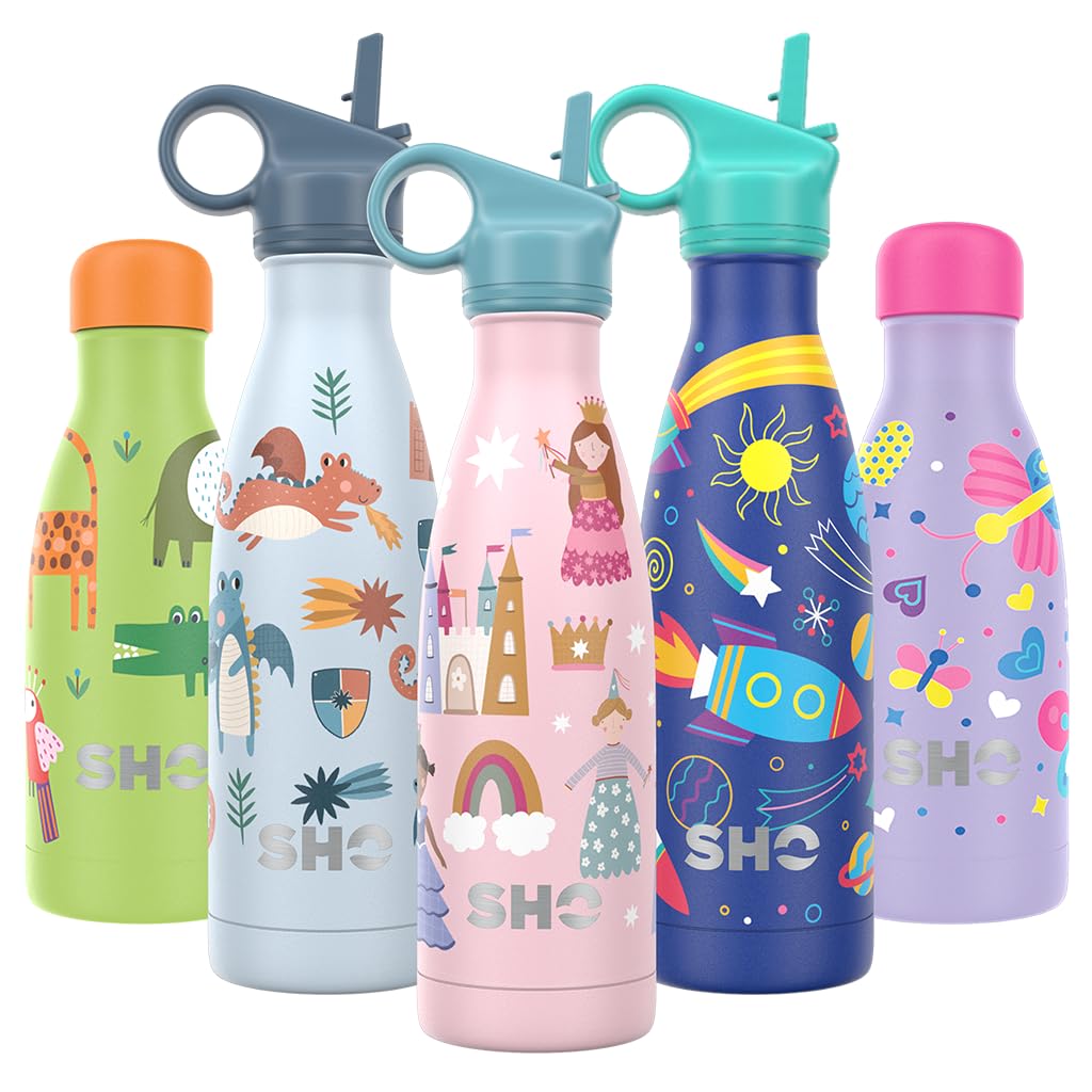 SHO Kids Bottle - Ultimate Insulated, Double Walled Stainless Steel Vacuum Flask & Water Bottle - 12 Hours Hot & 24 Hours Cold - 260ml, 375ml - BPA Free (Princesses with Straw Lid, 375ml)