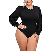 Milumia Women's Plus Size Crew Neck Mesh Long Sleeve Bodysuit Leotards Shirts Jumpsuit
