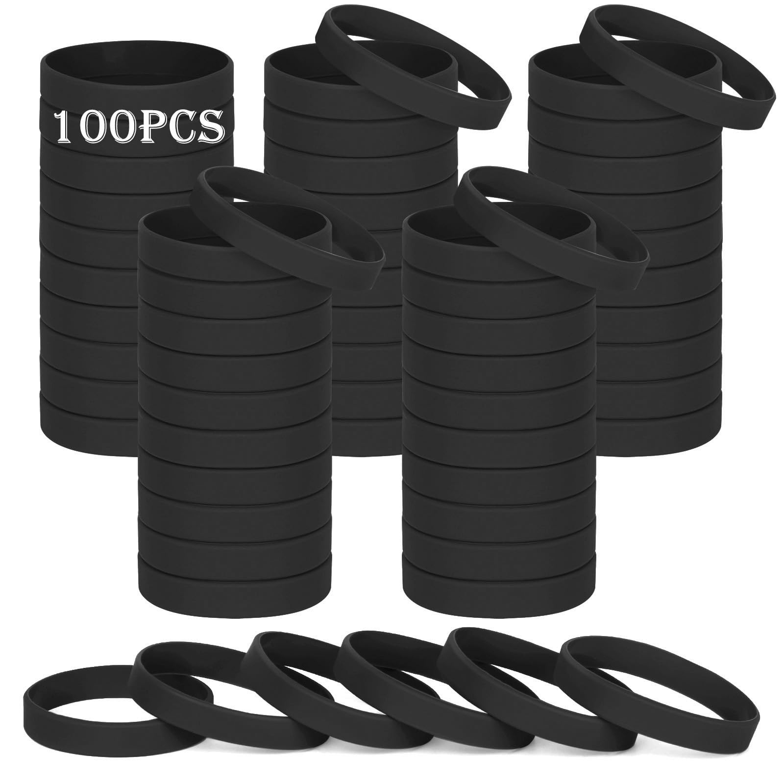HONTIUS Silicone Wristbands, 100PCS Black Rubber Wristbands Blank Wrist Bands Universal Wristband Set for Women Men Adult Sport