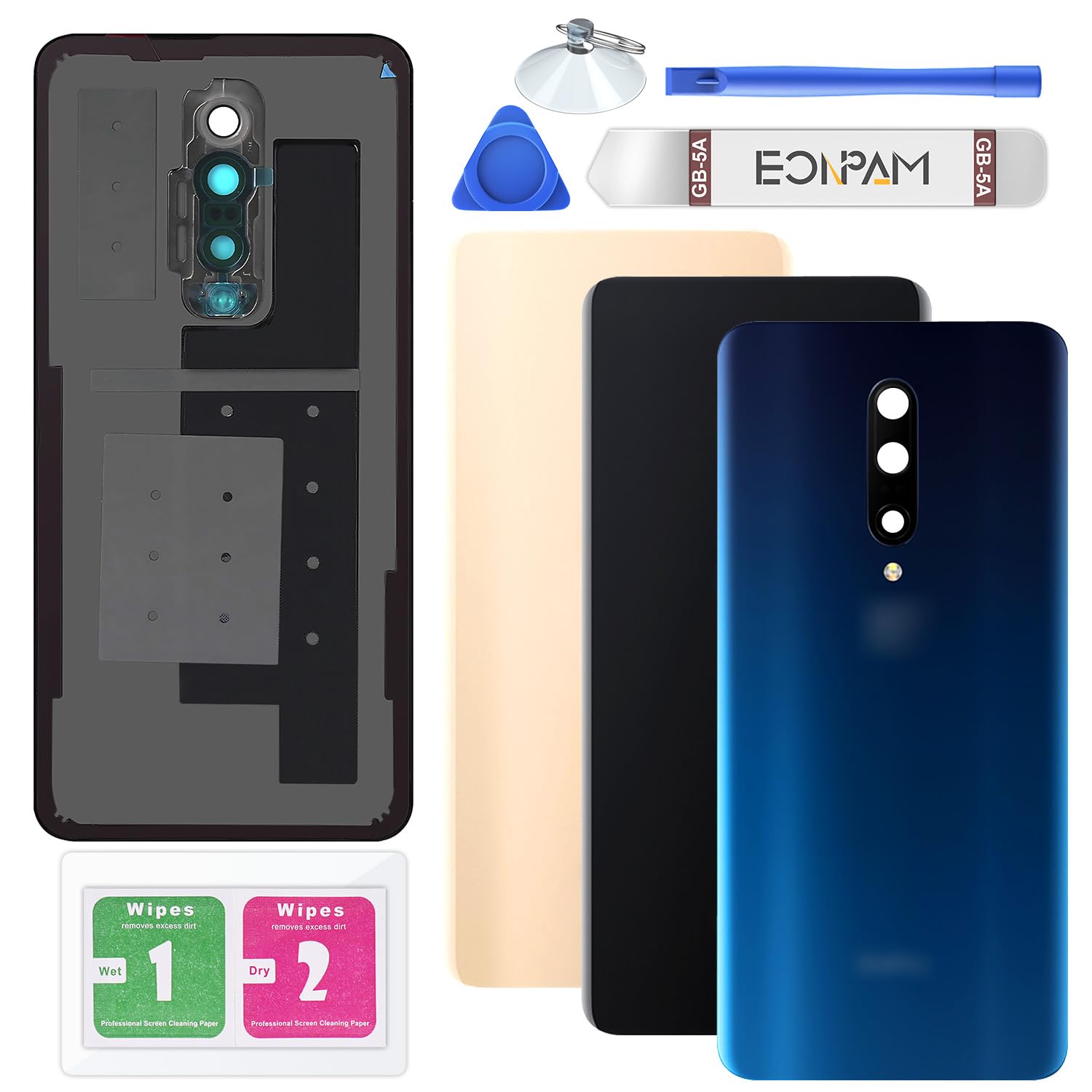 Eonpam Back Cover Glass for OnePlus 7 Pro Rear Glass Replacement with Camera Lens + Repair Kit Genuine Rear Housing (Blue)