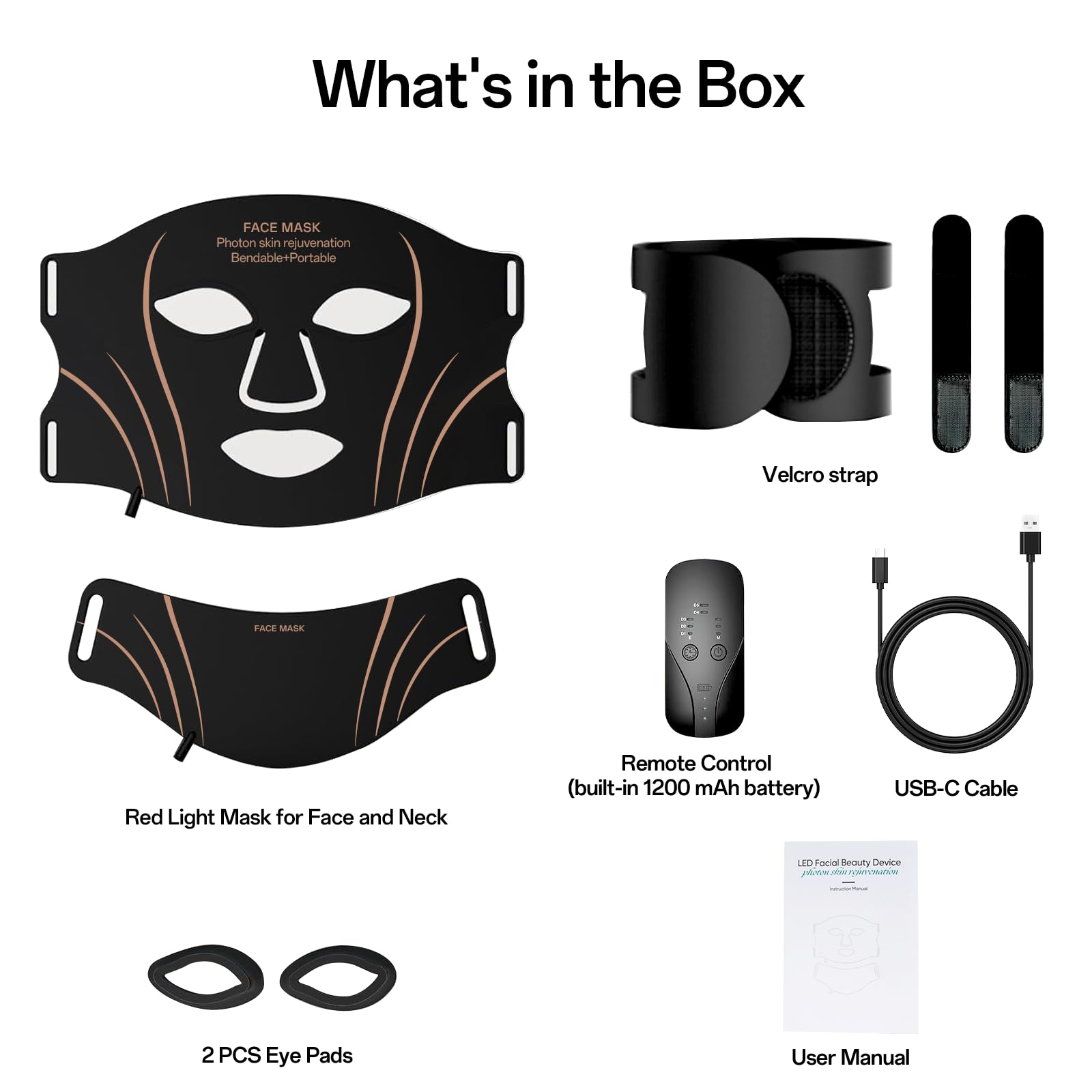 Facego Red Light Mask for Face and Neck - Facial Skin Care Device, Portable, Lightweight, Rechargeable and Ergonomic Design for Home (Black)