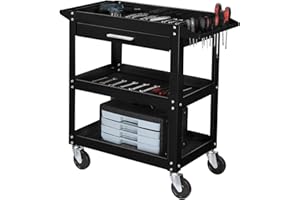 TUFFIOM 3 Tier Rolling Tool Cart on Wheels with Drawer, 330 LBS Capacity, Heavy Duty Commercial Utility Tool Service Cart, Tool Organizer for Mechanic, Garage, Warehouse & Repair Shop