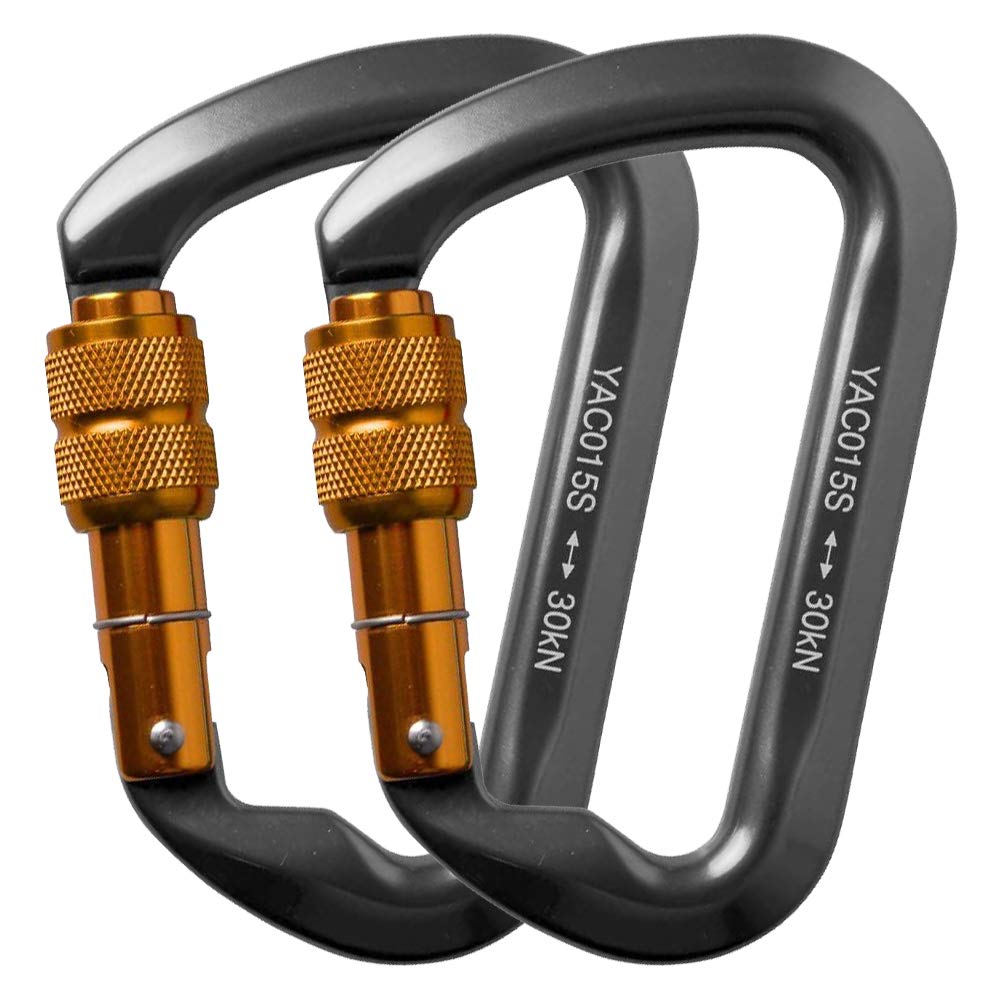 30KN Rock Climbing Carabiner, D-shaped Locking Screwgate Carabiner Heavy Duty Screw Lock Hook Hot-forged Magnalium Climber Hiking/Travel/Rappelling Mountaineer Karabiner Outdoor Sport Tools 2 Pack