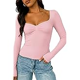 ForeFair Women's Long Sleeve Going Out Tops Pleated Basic T Shirts Cute Sweetheart Neck Y2K Fall Tops