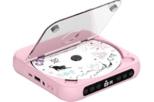 ENVYCLOUD CD Player Portable with Dual Stereo Speakers, Rechargeable Portable CD Player with Bluetooth for Home with Headphones, Support CD/AUX/USB, Pink
