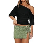 Dressmine Women's Off The Shoulder Side Ruched Crop Top Asymmetrical Short Sleeve Summer Going Out Blouses Y2K T Shirts