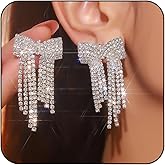 Silver Rhinestone Bow Earrings for Women Trendy Sparkly Crystal Chandelier Statement Tassel Earrings Wedding Bridal Bow Jewelry