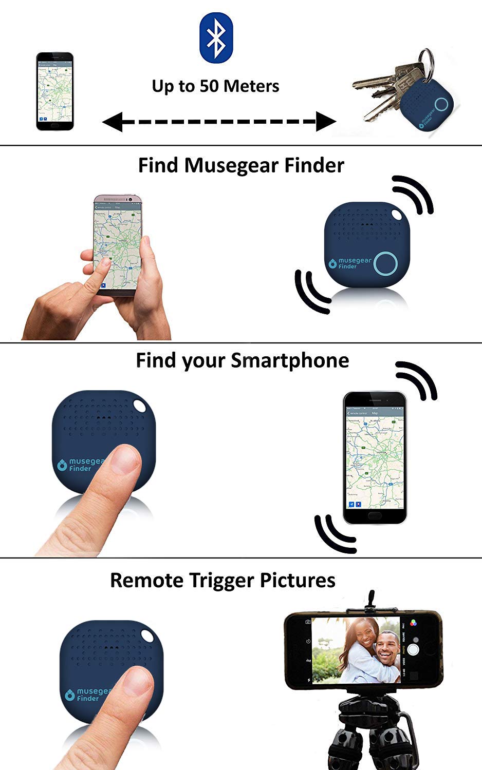 musegear app key finder (dark blue), NEW VERSION 2 | 3x louder | Easily find and track your keys, phone, remote, wallet | Smartphone Bluetooth-GPS pairing