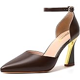 RIBONGZ Women's Closed Pointed Toe Heels Ankle Strap High Pumps Elegant Strappy Stiletto Dress Shoes for Work Party Evening Casual Office