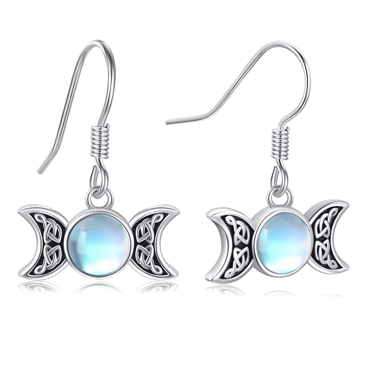Triple Moon Goddess Earrings 925 Sterling Silver Moonstone Dangle Drop Earrings Moon Amulet Pagan Wiccan Jewellery Moon Gifts for Women Girls Girlfriend