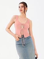 REORIA U-Neck Adjustable Tie-Front Crop Tank Top