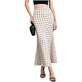 MakeMeChic Women's Summer Long Satin Skirts Polka Dots Silk Elegant High Waisted Flowy A Line Cocktail Midi Skirt