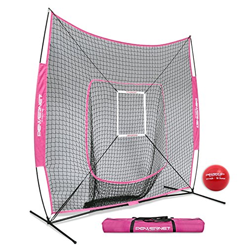 PowerNet DLX 7x7 Baseball Softball Hitting Net + Weighted Heavy Ball + Strike Zone Bundle (Pink) | Training Set | Practice Equipment Batting Soft Toss Pitching | Team Color | Portable Backstop