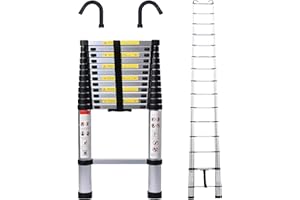 DICN Telescoping Extension Ladder 16.5FT Aluminum Folding Ladder Loft Attic Ladder with 2 Detachable Hooks Non-slip Securing Strap Easy to Store Multi Purpose for Outdoor Indoor Use EN131 Safe Standard