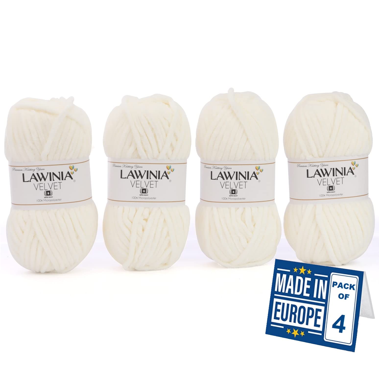 LAWINIA -Velvet Premium Soft Chenille Yarn Chunky, Velvet Yarn Crochet, Does NOT SHED, Plush Blanket Wool for Crochet, Thick Chunky Wool for Knitting, Pack of 4