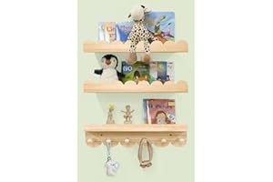 icnjdMopclean Nursery Shelves for Wall with Hooks-Scalloped Wall Book Shelves for Bedroom Kids Set of 3, Nursery Furniture Must Have, 16 Inch, Natural