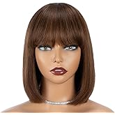 Rebecca Fashion Highlight Brown Bob Wig with Bangs Human Hair 10 Inch Light Yaki Straight Short Bob Human Hair Wigs for Black Women Wear and Go Glueless Wig for Daily Wear