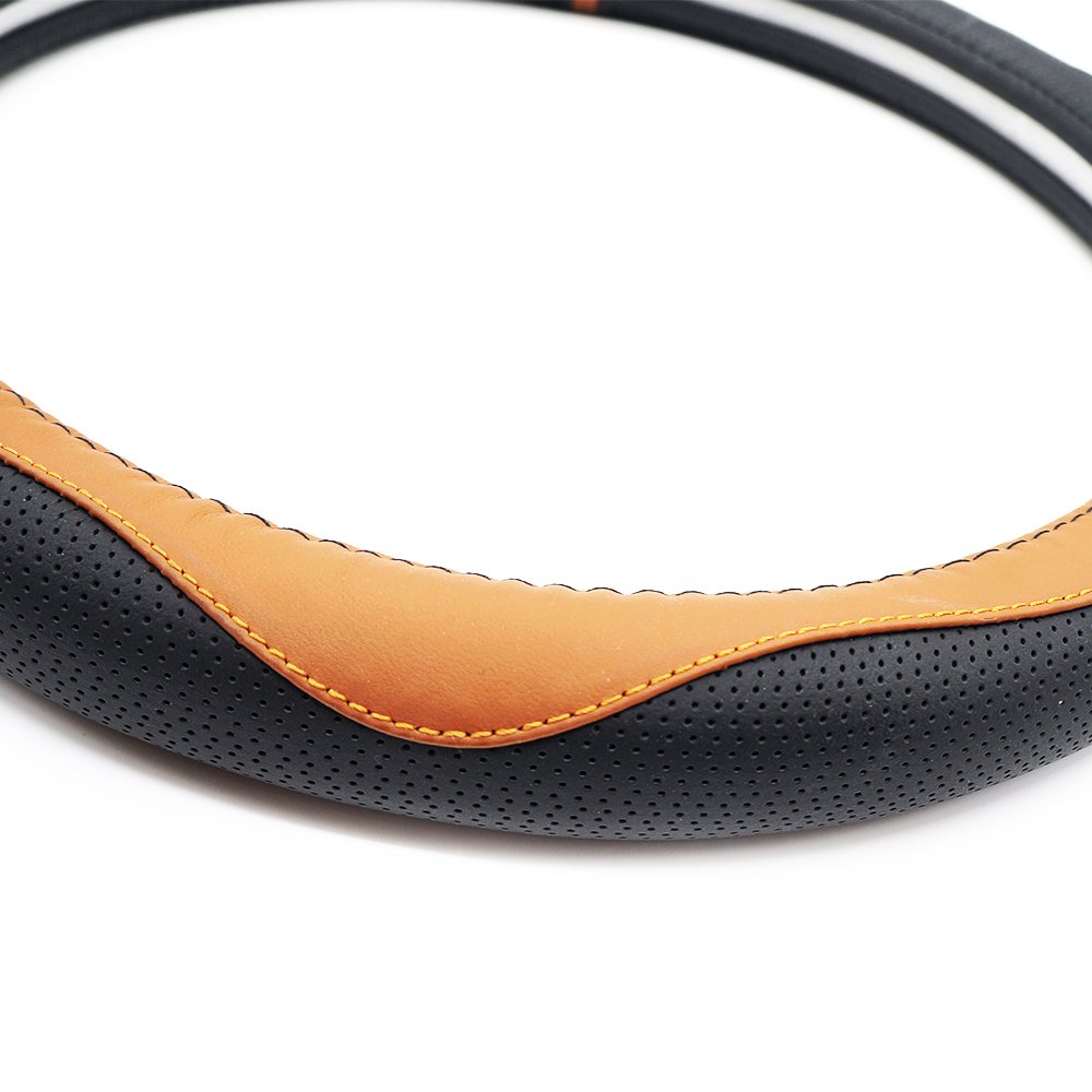 LOCEN Genuine Leather Steering Wheel Cover Universal Car Outer Diameter 38cm/15\