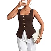 winkbay Women's Button Up Square Neck Vest Summer Sleeveless Split Fitted Business Casual Tops