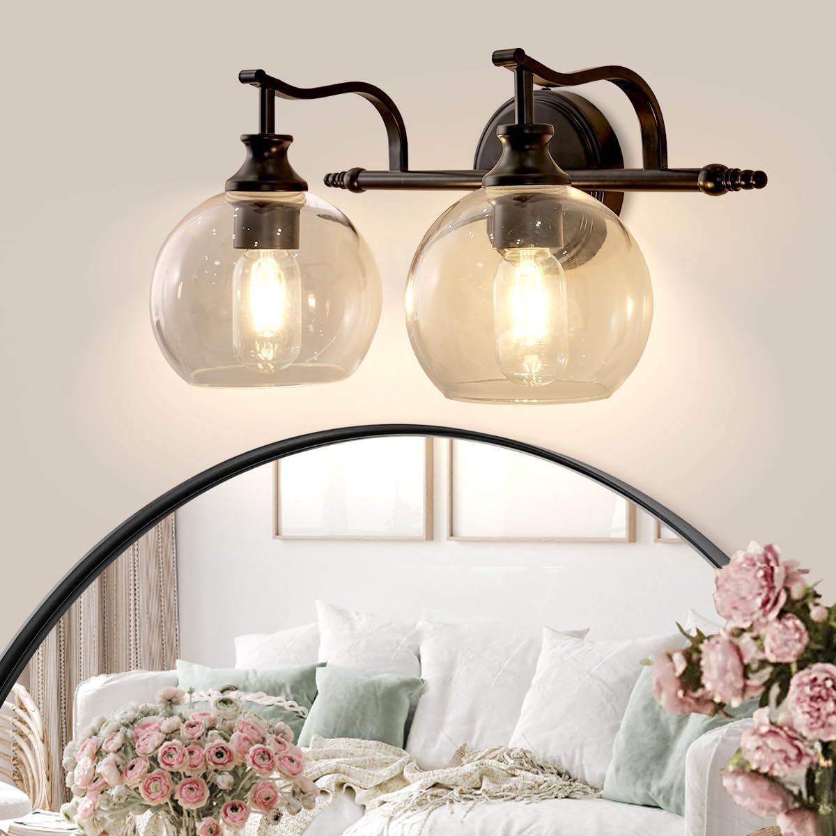 Photo 1 of ANDY STAR 2 Light Bathroom Vanity Light, Matte Black Bathroom Light Fixtures, Modern Wall Sconce with Clear Globe Glass Shade, Farmhouse Wall Lamp for Bathroom, Living Room, Hallway, Cabinet, Porch