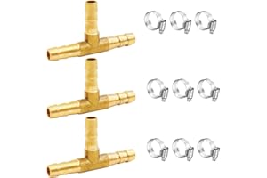 Tnuocke 3pcs 3/16" Brass Tee Barb Fittings,3 Way Union Intersection Fitting T Shape Barbed Splitter Fitting Splicer with Hose Clamps for Water Fuel Air H-058-3/16
