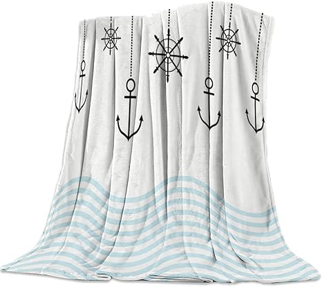 Amazon Com Vandarllin Soft Throw Blankets Nautical Anchor Rudder Wave Pattern Flannel Fleece Blanket Fluffy For Outdoor Travel Sofa Bed Couch Car 50x80 Inches Blue White Home Kitchen