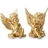 OwMell Set of 2 Cherubs Angels Resin Statue Figurine, Indoor Home Decoration, Adorable Angel Sculpture Memorial Statue 4" - Gold