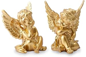 OwMell Set of 2 Cherubs Angels Resin Statue Figurine, Indoor Home Decoration, Adorable Angel Sculpture Memorial Statue 4" - Gold