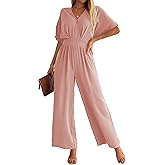 LOOKBOHO Womens Jumpsuits Dressy Wide Leg Pant Jumpsuit V Neck Short Sleeve Casual Wedding Party Long Romper Deep Pink XXL