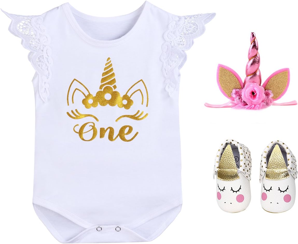 Baby Girl 3PCS Birthday Outfit Unicorn Headband + Romper + Shoes