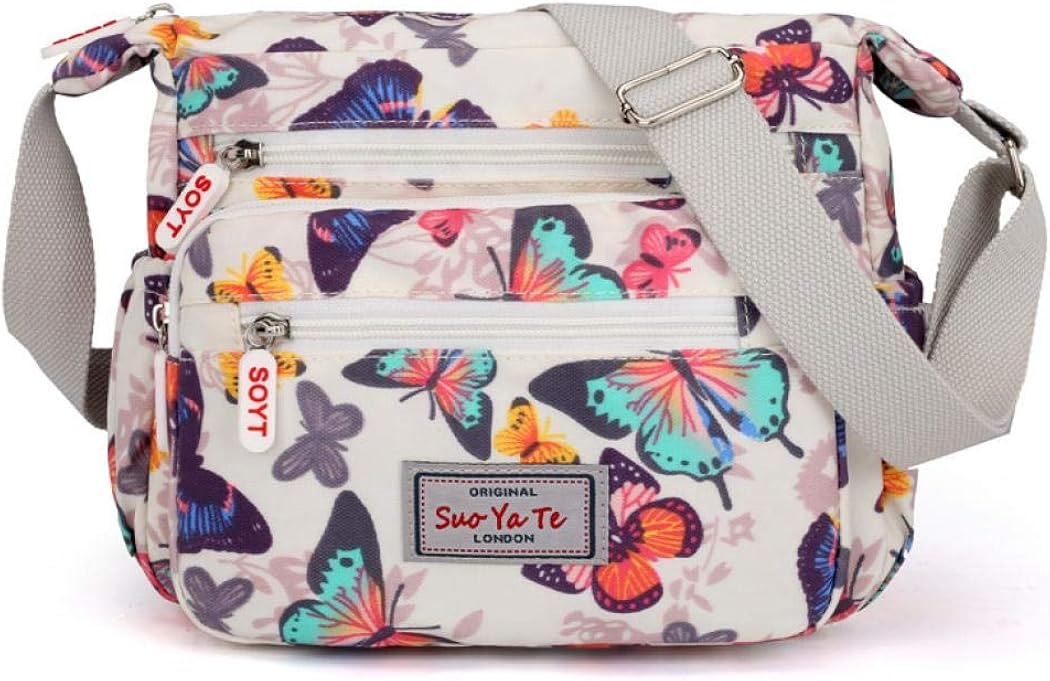 Womens Multi-Pocket Casual Crossbody Handbags Waterproof Flowral Printed Shoulder Nylon Bags Travel Messenger Bags (Butterfly-White)
