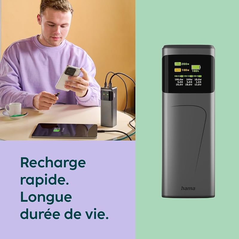 Batterie Externe 24000 mAh 200W (Power Bank Compact, Chargeur Portable, Charge Ultra Rapide Sécurisée, 2 USB-C, 1 USB-A, PD + QC, Ecran Indicateur Couleur TFT, Utilisation Universelle) Gris
