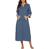 Ekouaer Women Zipper Robe 3/4 Sleeves Loungewear Dress Full Length Sleepwear Pockets Housecoat Nightgown Long Bathrobe