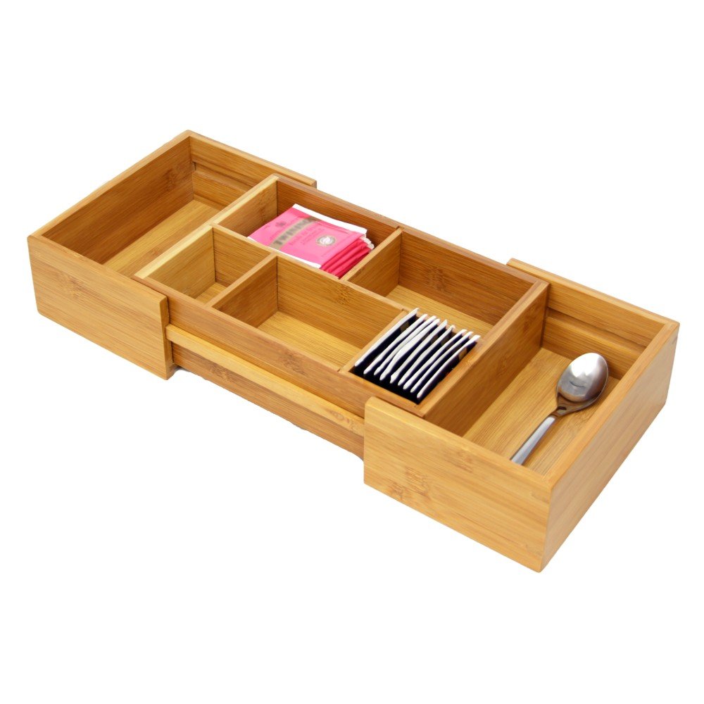 Small Space Saving Expandable Adjustable Drawer Inserts Organiser, Cutlery Flatware Tray. Made of Eco-friendly Natural Bamboo Wood