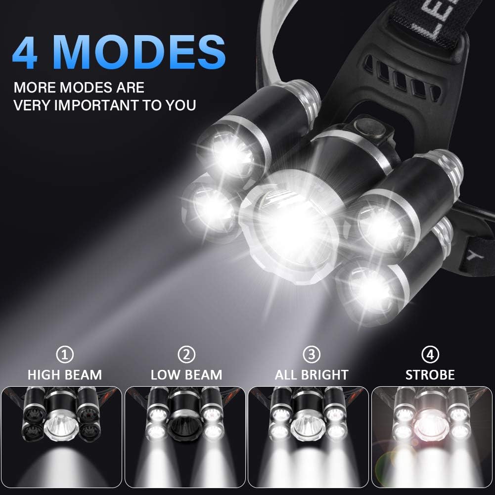 Headlamp, 5 LED Head Flashlight, 18650 USB Rechargeable Head Lamp, LED Headlight for Work Waterproof, Adjustable Headlamps for Adults, Hard Hat Light for Camping, Running, Fishing - - 