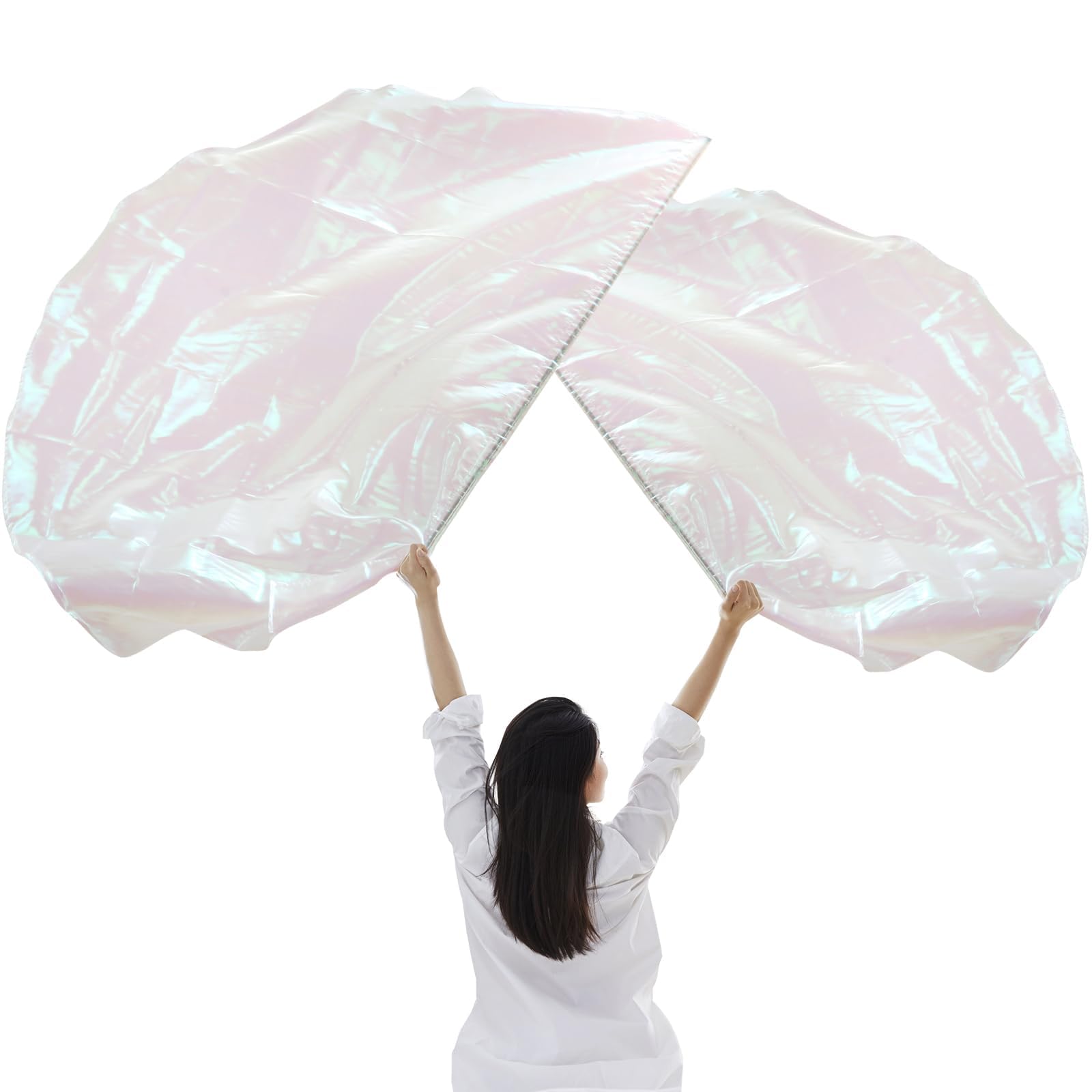 2pcs Semicircle Worship Flag, 55.12x36.22 Inch Praise Dance Flags with Scalable Rods Shiny Worship Banner Metallic Sheen Angel Wings for Dance Church Performance (Transparent White)