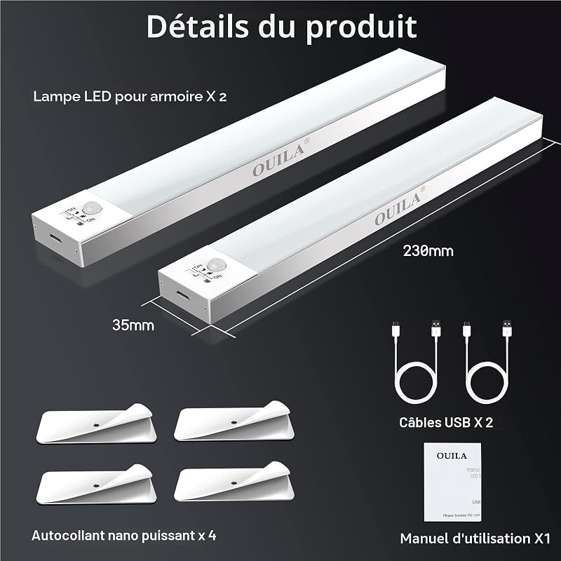 Lampe de Placard avec Détecteur de Mouvement, 36 LED Lampe 3000K USB Sans Fil Veilleuse, Armoire, Escalier, Couloir, Cuisines, Garage, Bord de Lit(2 Pack, 23cm)